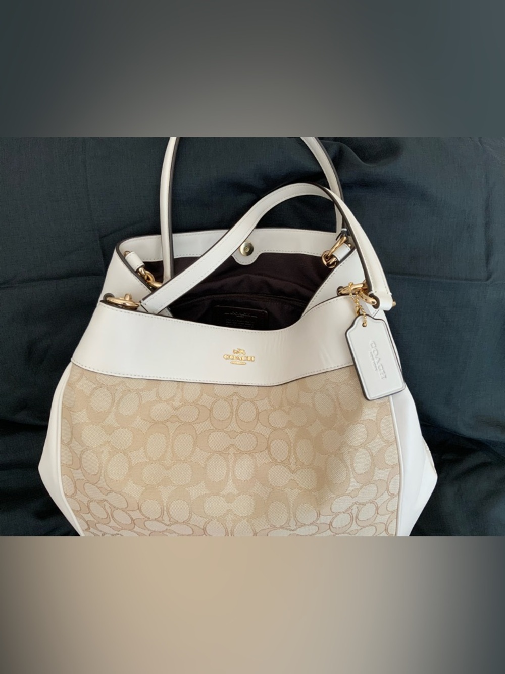 Coach Two-Tone Signature Canvas/leather Shoulder Bag in Beige and White